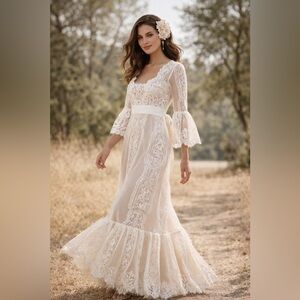 BHLDN Tracy Reese Arabella Lace Wedding Gown Ivory Size‎ 4